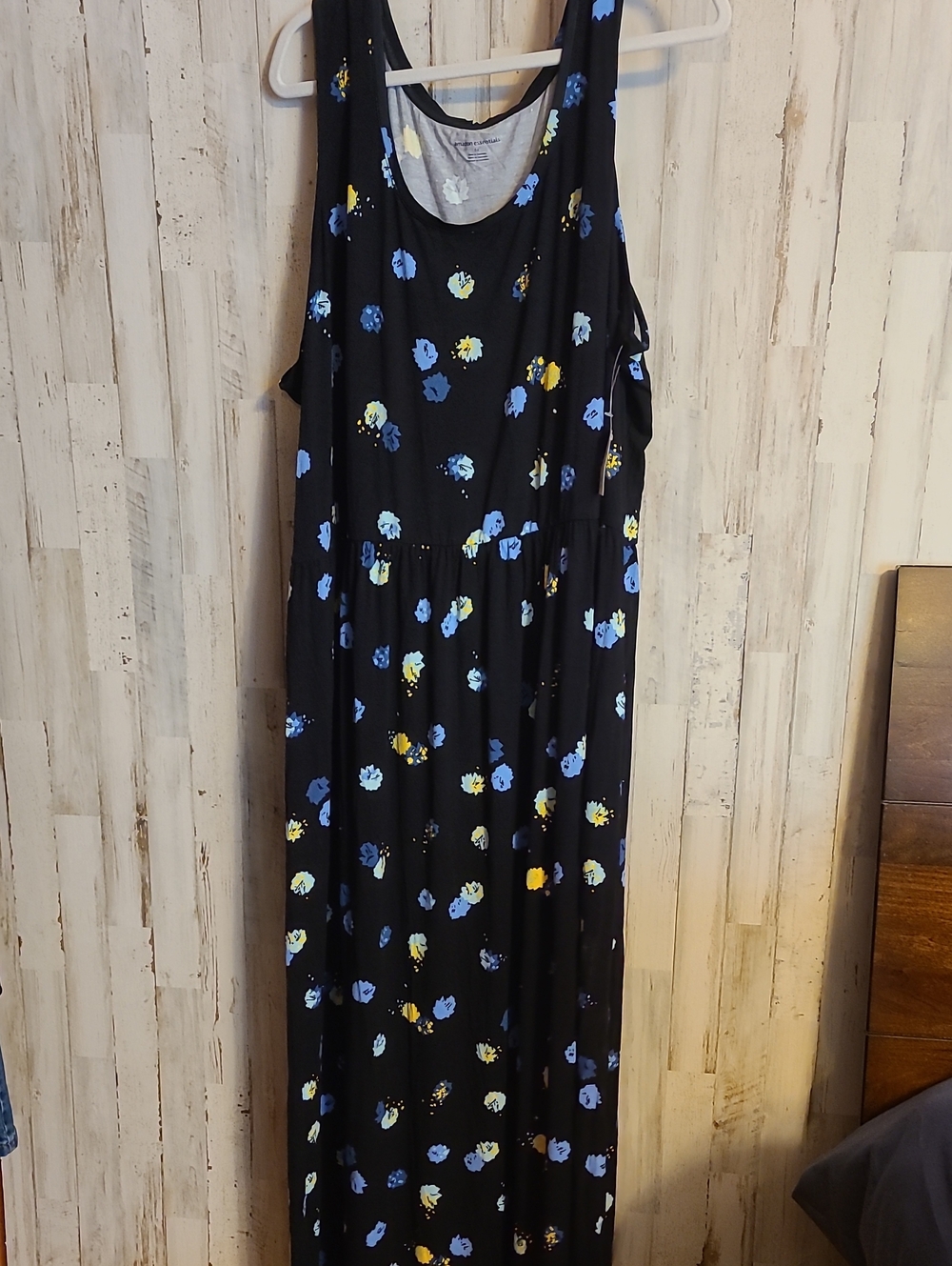 Black Floral Maxi Tank Dress with Blue & Yellow Blooms